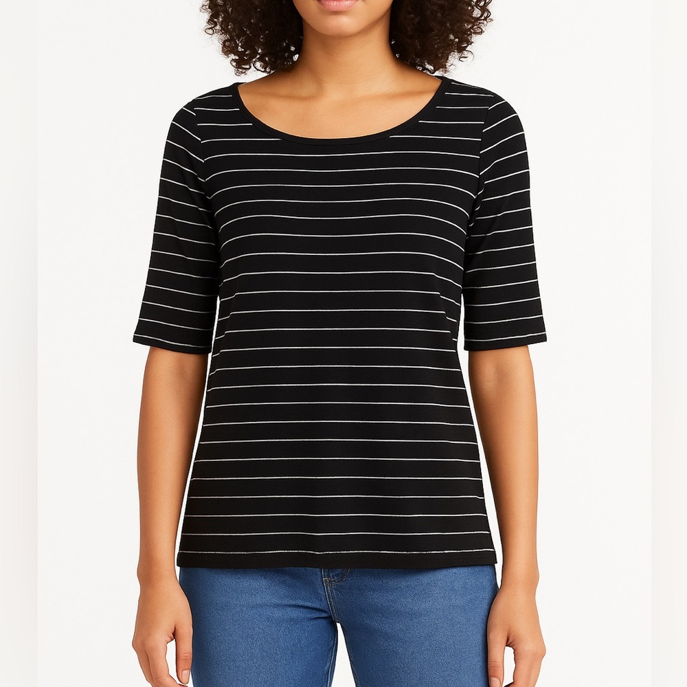 Caslon Black & White Stripe Boat-Neck Elbow-Sleeve Tee 2X